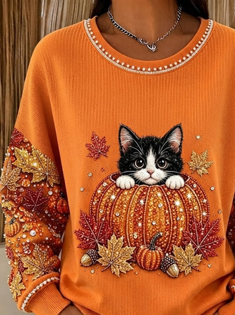 Casual Cat Crew Neck Long Sleeve Sweatshirt - Image 2