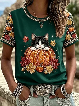 Casual Cat Crew Neck Short Sleeve T-shirt - Image 5