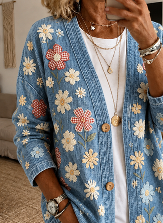 Women Spring/Fall Outerwear Casual Printing Floral Long Sleeve Jacket - Image 2