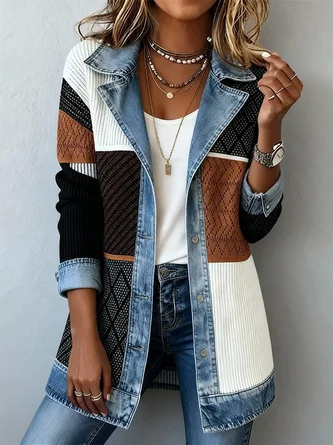 Women Spring/Fall Outerwear Vintage Split Joint Contrast Stitching Long Sleeve Lapel Collar Jacket - Image 4