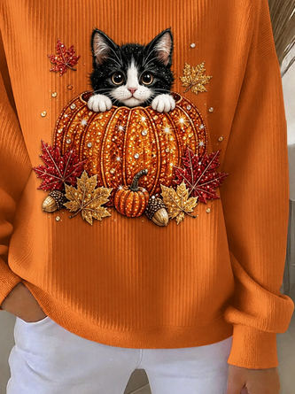 Casual Cat Crew Neck Long Sleeve Sweatshirt - Image 7