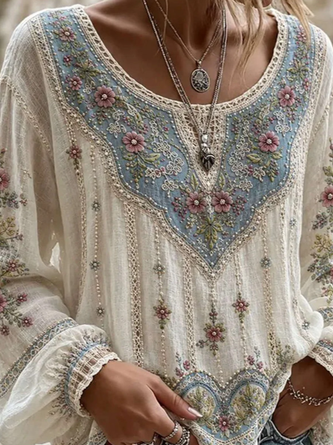 Women Floral Casual Blouse Crew Neck Long Sleeve Printing Top - Image 2