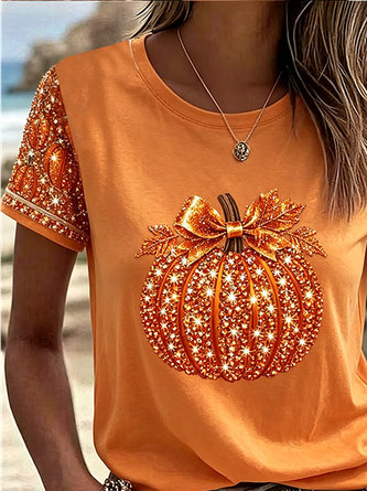 Casual Halloween (pumpkin) Crew Neck Short Sleeve T-shirt - Image 2