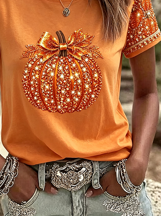 Casual Halloween (pumpkin) Crew Neck Short Sleeve T-shirt - Image 3