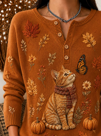 Vintage Butterfly Henley Collar Long Sleeve Sweatshirt - Image 2