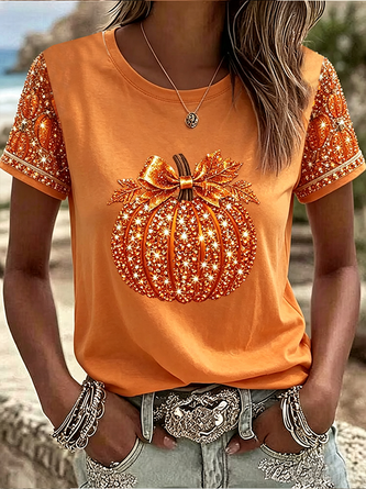 Casual Halloween (pumpkin) Crew Neck Short Sleeve T-shirt