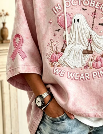 Casual Cute Ghost Print Hoodie Half Sleeve Hoodie - Image 3