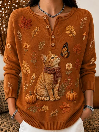 Vintage Butterfly Henley Collar Long Sleeve Sweatshirt