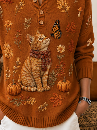 Vintage Butterfly Henley Collar Long Sleeve Sweatshirt - Image 3