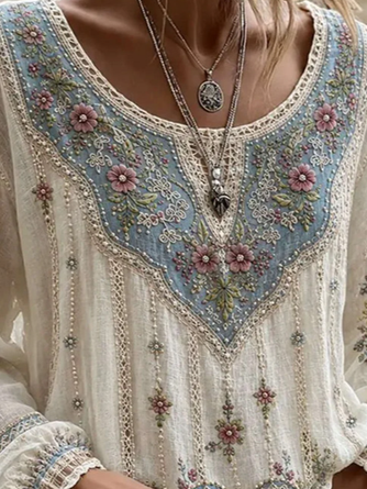 Women Floral Casual Blouse Crew Neck Long Sleeve Printing Top - Image 3