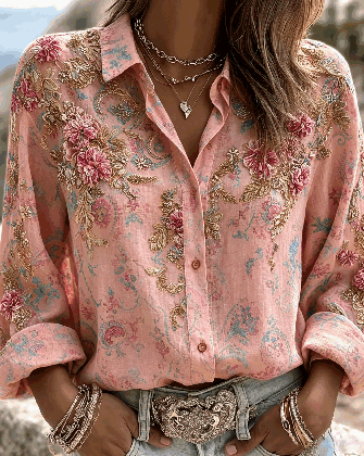 Women Floral Vintage Shirt Shirt Collar Long Sleeve Printing Top - Image 5