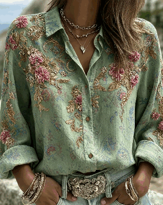 Women Floral Vintage Shirt Shirt Collar Long Sleeve Printing Top - Image 8