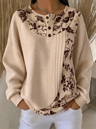 Casual Floral Henley Collar Long Sleeve Sweatshirt
