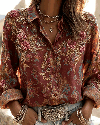 Women Floral Vintage Shirt Shirt Collar Long Sleeve Printing Top - Image 7