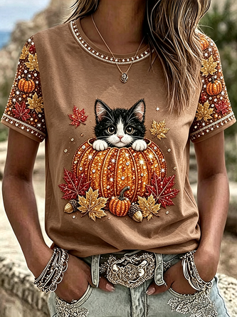 Casual Cat Crew Neck Short Sleeve T-shirt - Image 3