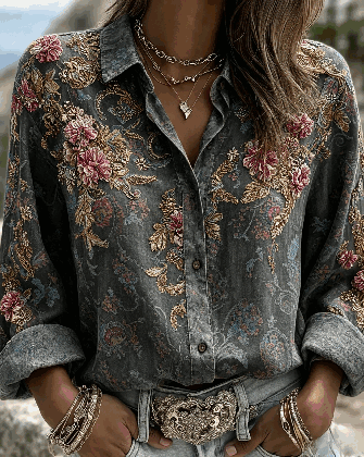 Women Floral Vintage Shirt Shirt Collar Long Sleeve Printing Top - Image 4