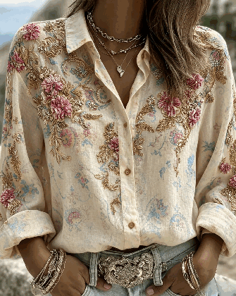 Women Floral Vintage Shirt Shirt Collar Long Sleeve Printing Top - Image 6