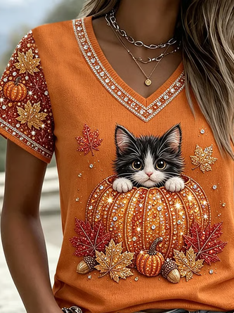 Vintage Cat V Neck Short Sleeve T-shirt - Image 2