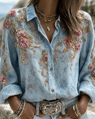 Women Floral Vintage Shirt Shirt Collar Long Sleeve Printing Top - Image 3