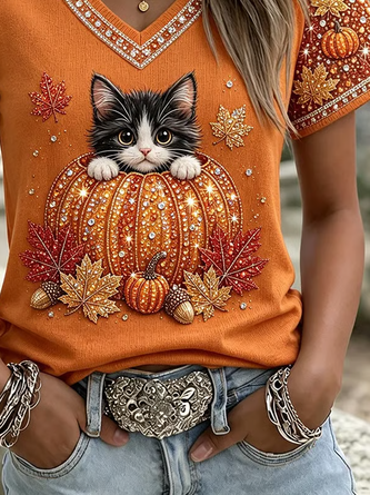 Vintage Cat V Neck Short Sleeve T-shirt - Image 3