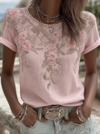 Vintage Floral Crew Neck Short Sleeve T-shirt 10 Vintage Floral Crew Neck Short Sleeve T-shirt - Image 10