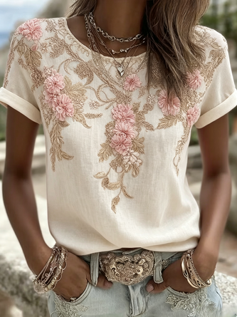 Vintage Floral Crew Neck Short Sleeve T-shirt 2 Vintage Floral Crew Neck Short Sleeve T-shirt - Image 2