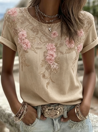 Vintage Floral Crew Neck Short Sleeve T-shirt 9 Vintage Floral Crew Neck Short Sleeve T-shirt - Image 9