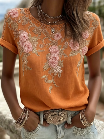 Vintage Floral Crew Neck Short Sleeve T-shirt 5 Vintage Floral Crew Neck Short Sleeve T-shirt - Image 5