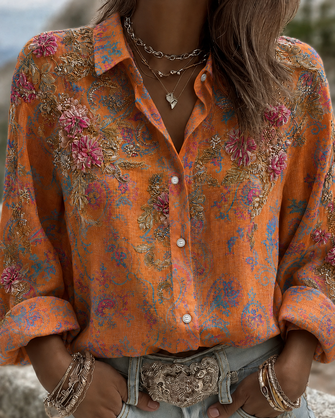 Women Floral Vintage Shirt Shirt Collar Long Sleeve Printing Top