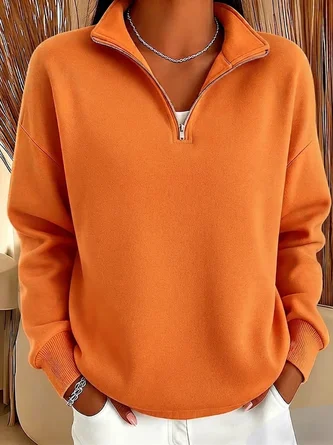 Casual Plain Stand Collar Long Sleeve Sweatshirt