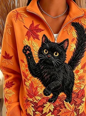 Casual Cat Stand Collar Long Sleeve Sweatshirt 3 Casual Cat Stand Collar Long Sleeve Sweatshirt - Image 3