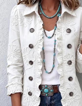 Women Spring/Fall Outerwear Vintage Floral Long Sleeve Shawl Collar Jacket - Image 3