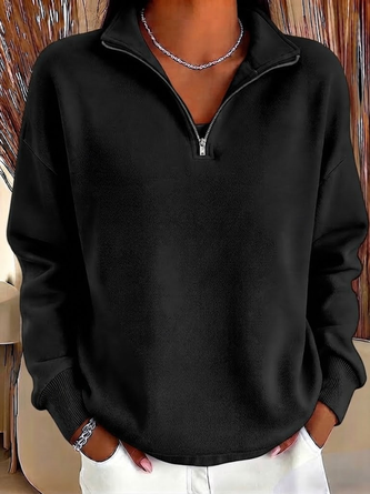 Casual Plain Stand Collar Long Sleeve Sweatshirt - Image 3