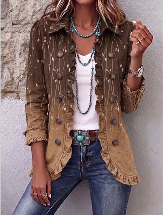 Women Spring/Fall Outerwear Vintage Floral Long Sleeve Shawl Collar Jacket - Image 3