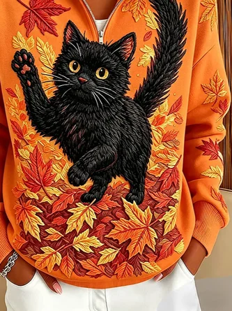 Casual Cat Stand Collar Long Sleeve Sweatshirt 4 Casual Cat Stand Collar Long Sleeve Sweatshirt - Image 4