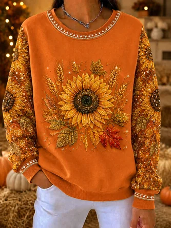 Casual Sunflower Crew Neck Long Sleeve Sweatshirt