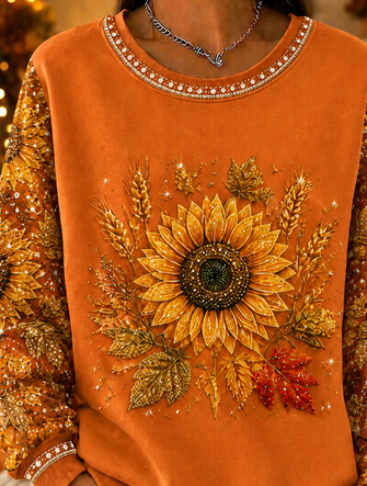 Casual Sunflower Crew Neck Long Sleeve Sweatshirt - Image 2