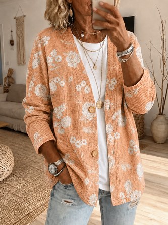 Women Spring/Fall Outerwear Casual Printing Floral Long Sleeve Jacket - Image 4