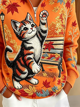 Casual Cat Stand Collar Long Sleeve Sweatshirt 3 Casual Cat Stand Collar Long Sleeve Sweatshirt - Image 3