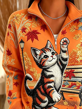 Casual Cat Stand Collar Long Sleeve Sweatshirt 2 Casual Cat Stand Collar Long Sleeve Sweatshirt - Image 2