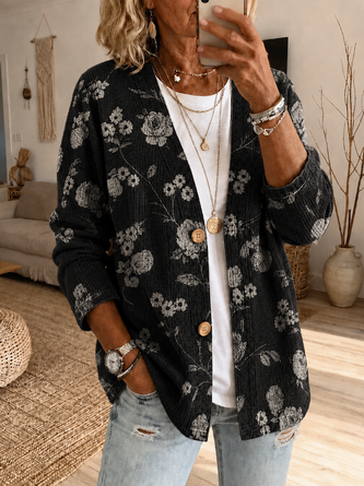 Women Spring/Fall Outerwear Casual Printing Floral Long Sleeve Jacket - Image 2