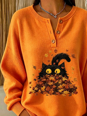 Casual Cat Crew Neck Long Sleeve Sweatshirt 2 Casual Cat Crew Neck Long Sleeve Sweatshirt - Image 2