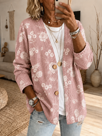 Women Spring/Fall Outerwear Casual Printing Floral Long Sleeve Jacket - Image 5
