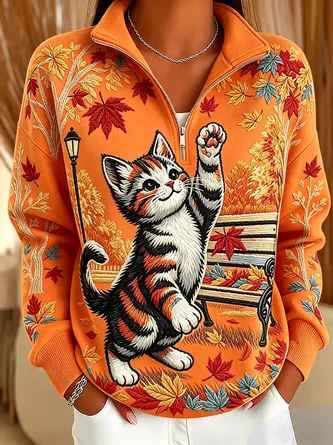 Casual Cat Stand Collar Long Sleeve Sweatshirt 1 Casual Cat Stand Collar Long Sleeve Sweatshirt