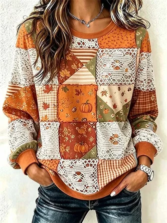 Casual Contrast Stitching Crew Neck Long Sleeve Sweatshirt