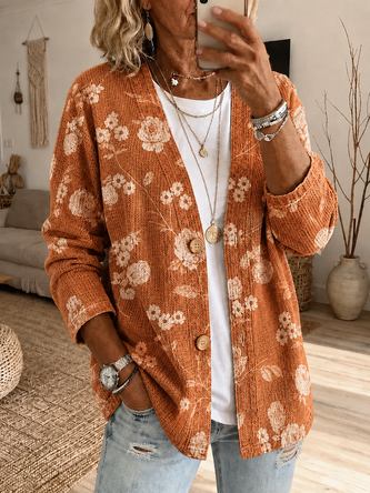 Women Spring/Fall Outerwear Casual Printing Floral Long Sleeve Jacket - Image 3