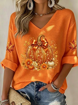 Casual Maple Leaf V Neck Half Sleeve T-shirt