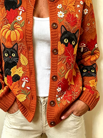 Women Cat Long Sleeve Comfy Vintage Printing Cardigan - Image 3