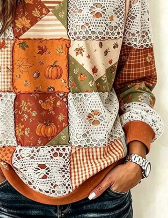 Casual Contrast Stitching Crew Neck Long Sleeve Sweatshirt - Image 3