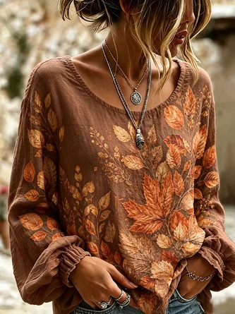 Women Maple Leaf Vintage Blouse Crew Neck Long Sleeve Printing Top 3 Women Maple Leaf Vintage Blouse Crew Neck Long Sleeve Printing Top - Image 3